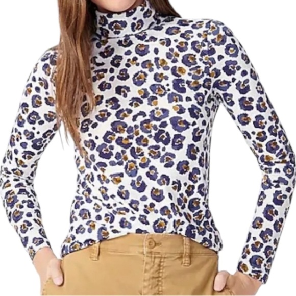 J.Crew Tissue Cotton Leopard Print Turtleneck Women’s Sz‎ S Lightweight - Picture 1 of 8